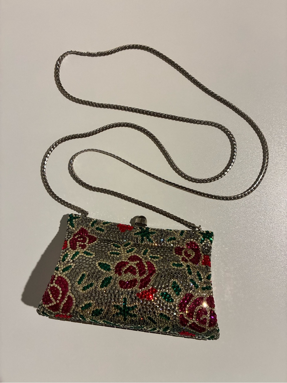 Vintage Hardshell Crystal Rose-Embellished Evening Crossbody Bag Silver Tone